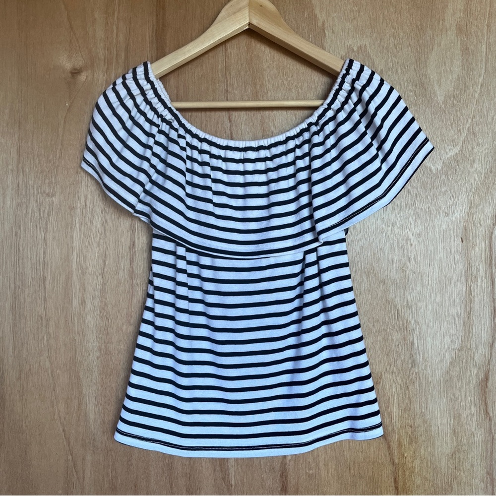 Splendid Striped Off Shoulder Ruffle Knit Spring Top Soft Navy & White Small S - Picture 4 of 4